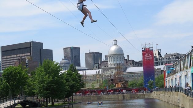 Montreal zip line down by the St. Lawrence River and Old Montreal