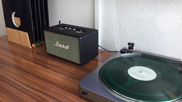Record player, amp and albums inside Verb Hotel guest room