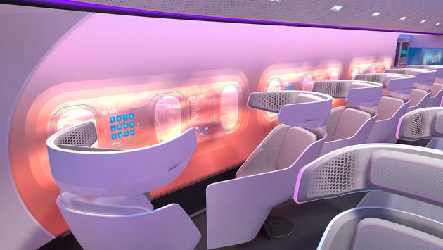 Rendering of a possible cabin configuration in a blended-wing passenger aircraft.Rendering of a possible cabin configuration in a blended-wing passenger aircraft.