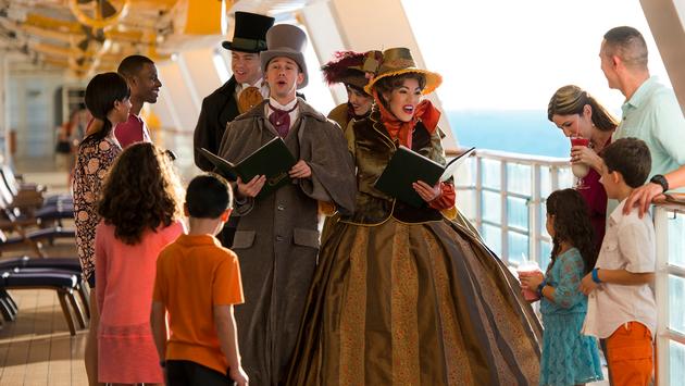 Carolers sing on the ship deck