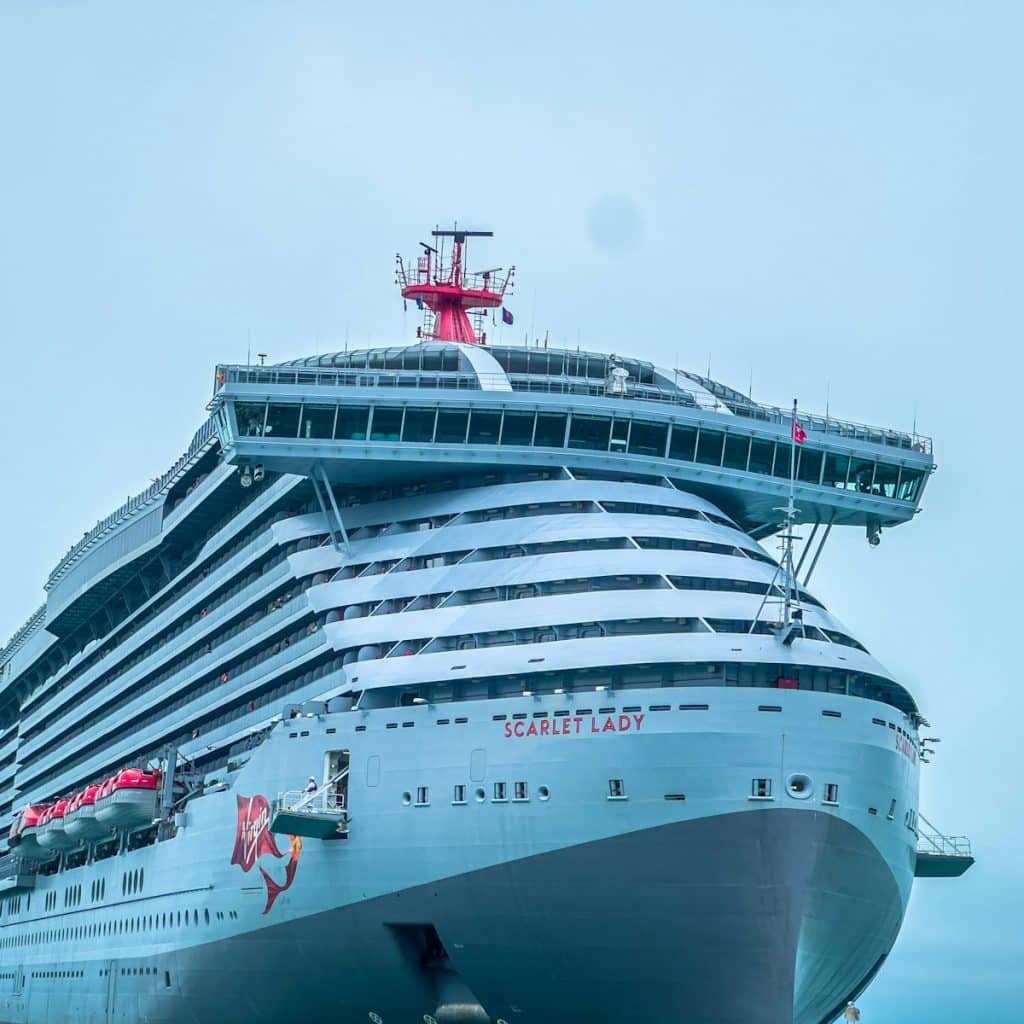 a large cruise ship docked in the water