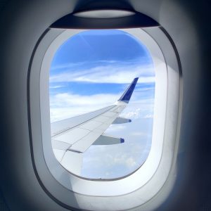 white and blue airplane wing